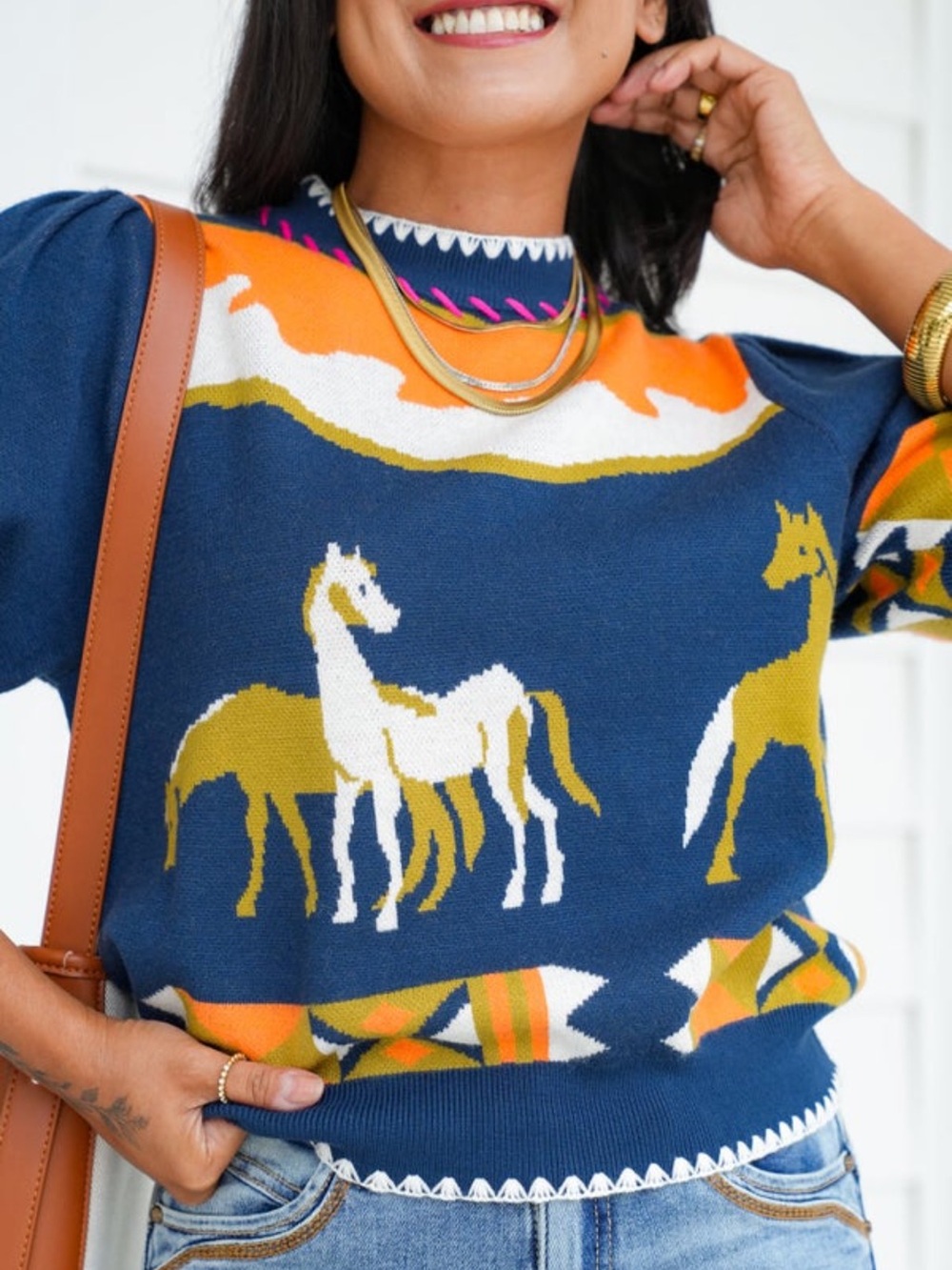 THML Navy Sweater with Mustard, White & Orange Horse Motif